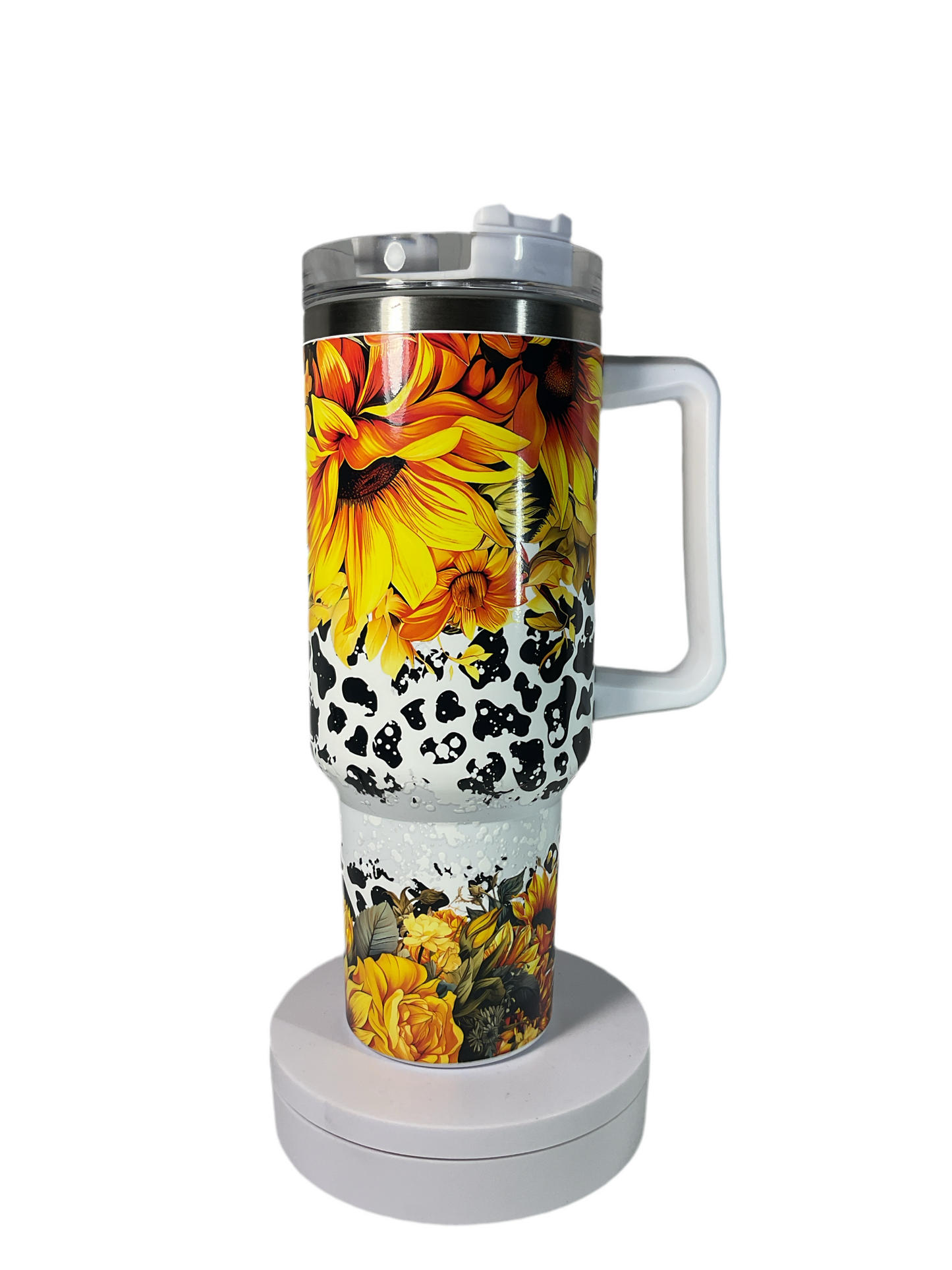 40oz Tumbler cow print w/sunflower
