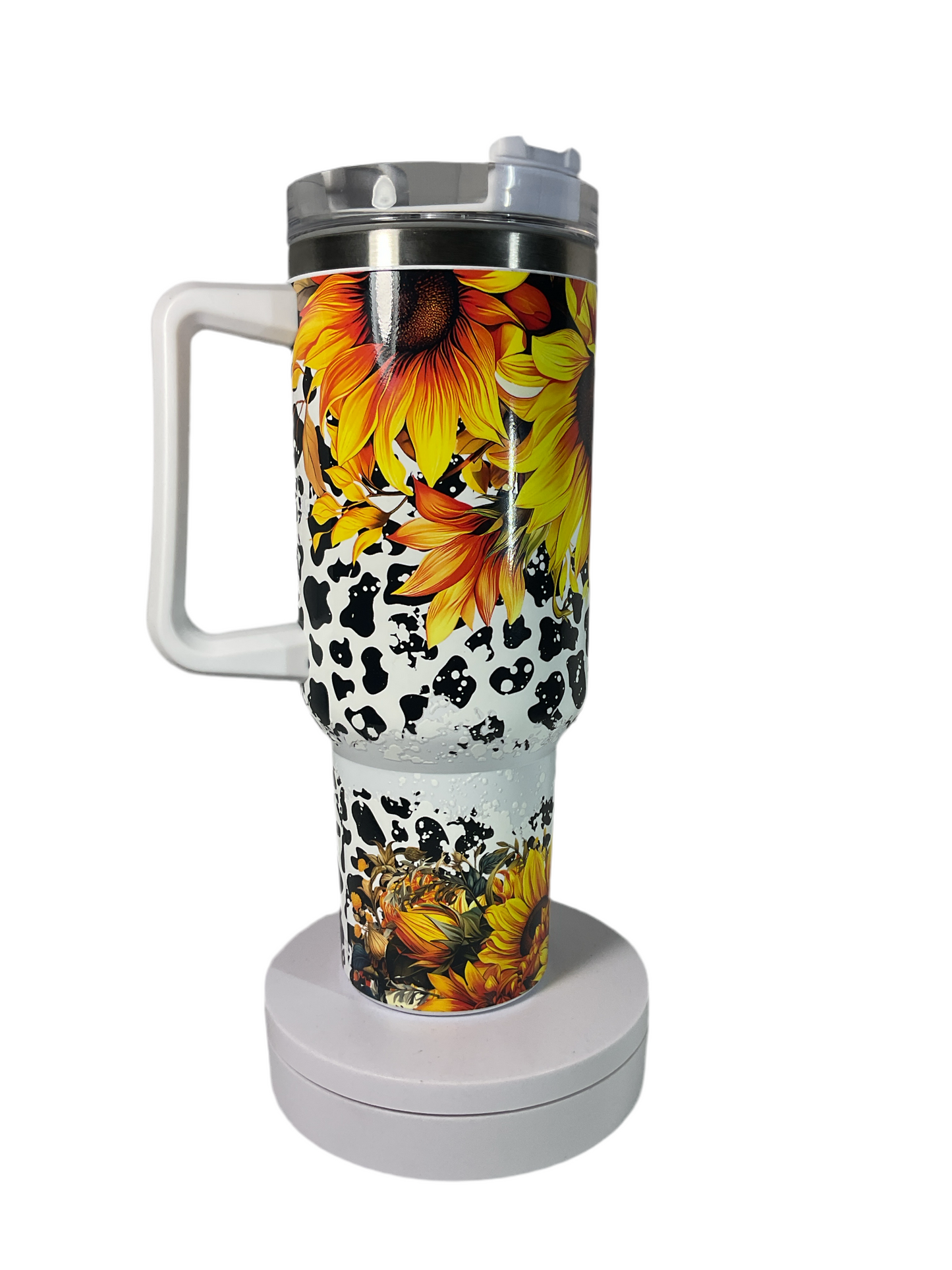 40oz Tumbler cow print w/sunflower